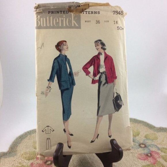 Vtg Butterick Pattern 7545 Trim Box Jacket Slim Fitted Skirt Cut 36" Bust 1950s - Picture 1 of 12